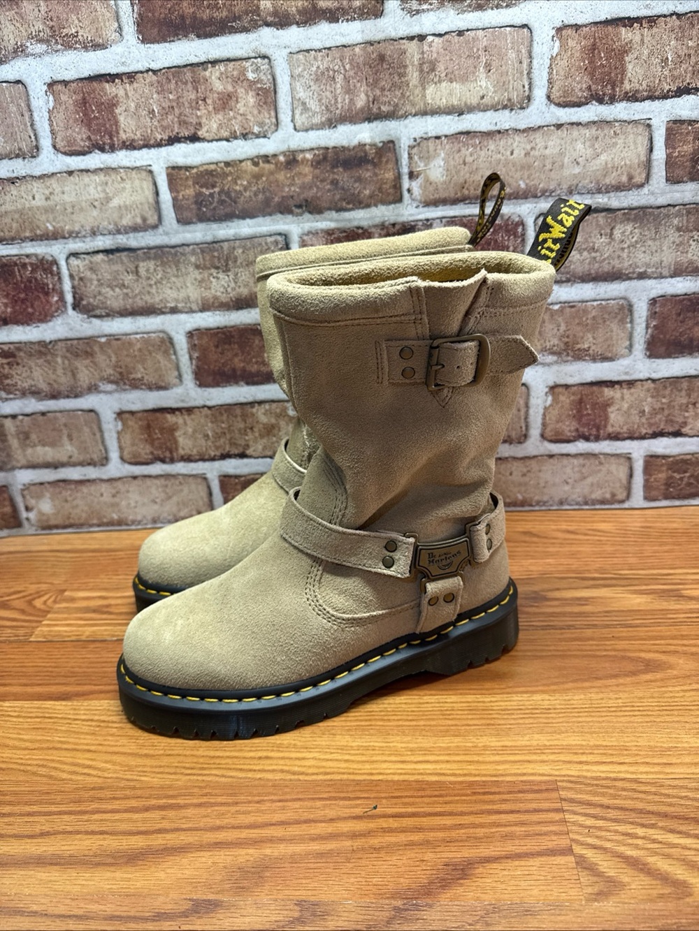 Dr Martens Anistone Hi Suede Biker Boots Tan Men SZ 8 Women 9 NWOB Defects